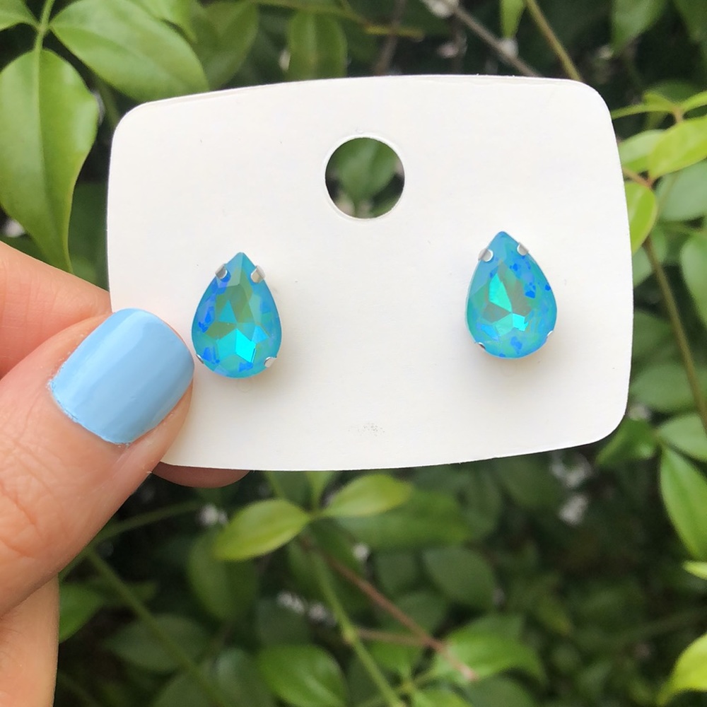 Aquamarine AB Pear Crystal Earrings - Picture 3 of 5